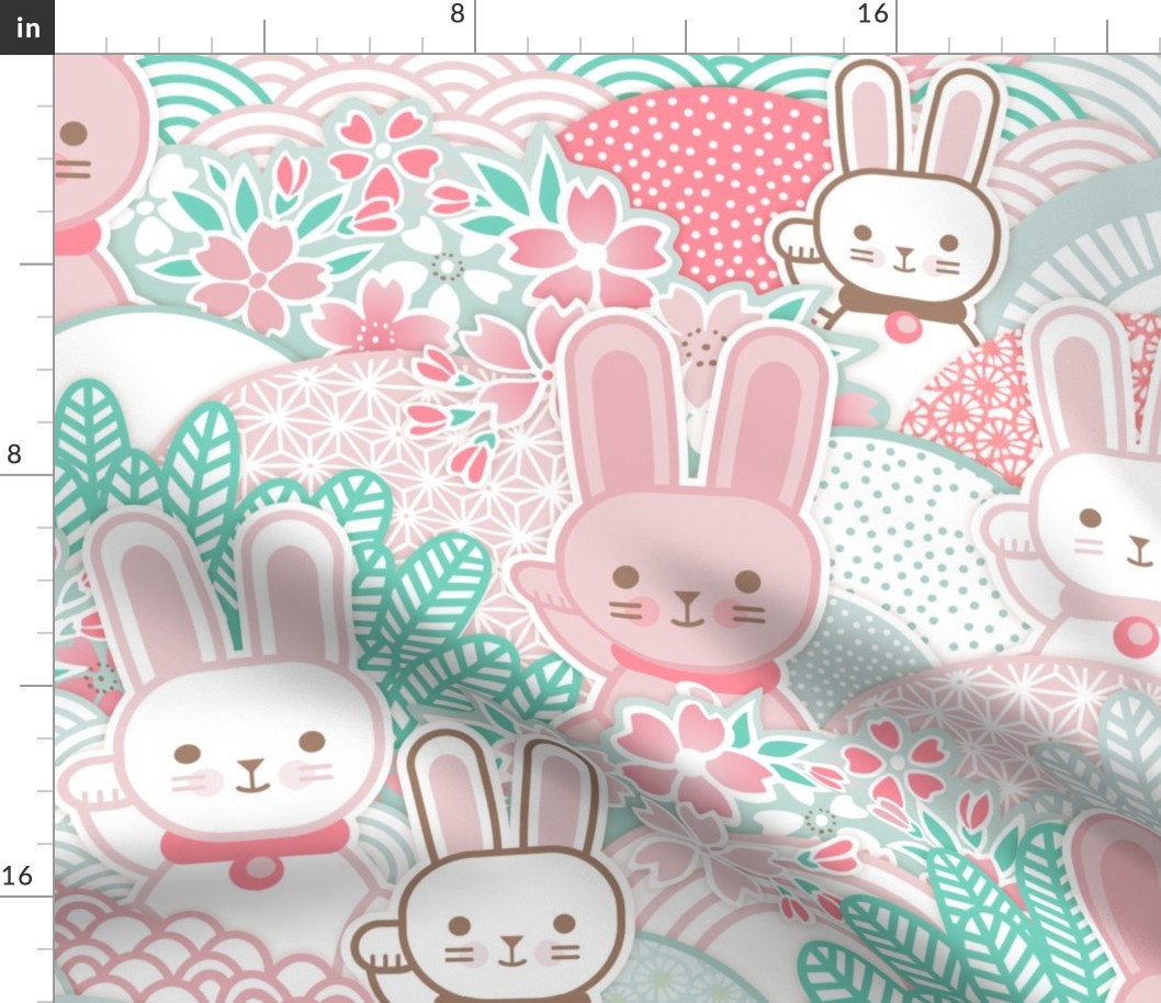 Easter Bunnies- Sakura Bloom -Extra Large- Cherry Blossom- Spring- Japanese- Japan- Pink- Mint- Cotton Candy- Seaglass- Wallpaper- Home Decor Fabric- Kidcore- Kawaii- Cute