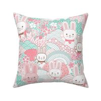 Easter Bunnies- Sakura Bloom -Large- Cherry Blossom- Spring- Japanese- Japan- Pink- Mint- Cotton Candy- Seaglass- Wallpaper- Home Decor Fabric- Kidcore- Kawaii- Cute
