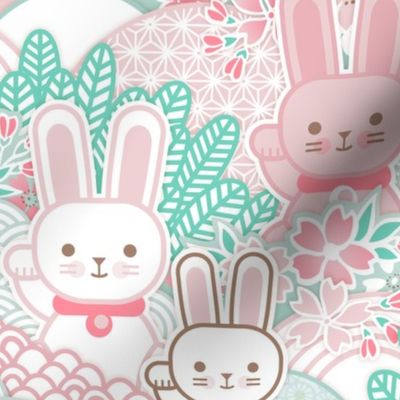 Easter Bunnies- Sakura Bloom -Large- Cherry Blossom- Spring- Japanese- Japan- Pink- Mint- Cotton Candy- Seaglass- Wallpaper- Home Decor Fabric- Kidcore- Kawaii- Cute