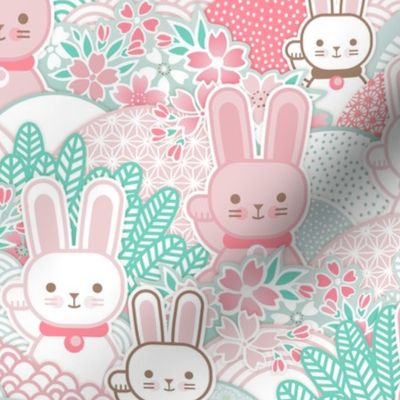 Easter Bunnies- Sakura Bloom -Medium- Cherry Blossom- Spring- Japanese- Japan- Pink- Mint- Cotton Candy- Seaglass- Wallpaper- Home Decor Fabric- Kidcore- Kawaii- Cute