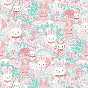 Easter Bunnies- Sakura Bloom -Medium- Cherry Blossom- Spring- Japanese- Japan- Pink- Mint- Cotton Candy- Seaglass- Wallpaper- Home Decor Fabric- Kidcore- Kawaii- Cute