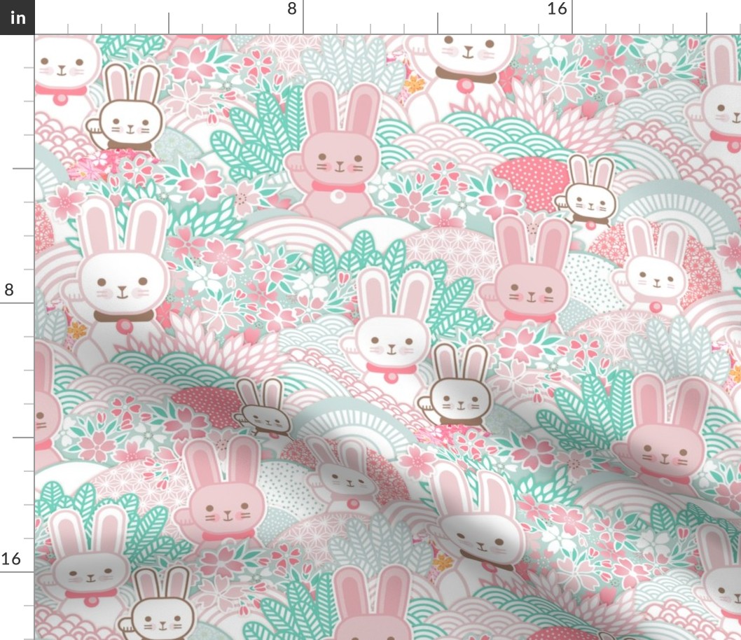 Easter Bunnies- Sakura Bloom -Medium- Cherry Blossom- Spring- Japanese- Japan- Pink- Mint- Cotton Candy- Seaglass- Wallpaper- Home Decor Fabric- Kidcore- Kawaii- Cute