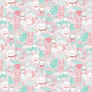 Easter Bunnies- Sakura Bloom -Small- Cherry Blossom- Spring- Japanese- Japan- Pink- Mint- Cotton Candy- Seaglass- Wallpaper- Home Decor Fabric- Kidcore- Kawaii- Cute
