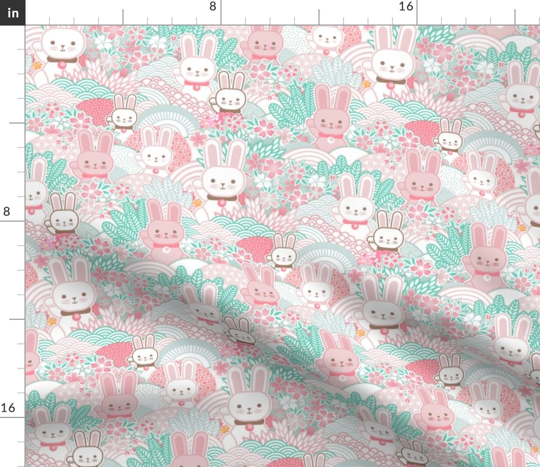 Easter Bunnies- Sakura Bloom -Small- Cherry Blossom- Spring- Japanese- Japan- Pink- Mint- Cotton Candy- Seaglass- Wallpaper- Home Decor Fabric- Kidcore- Kawaii- Cute