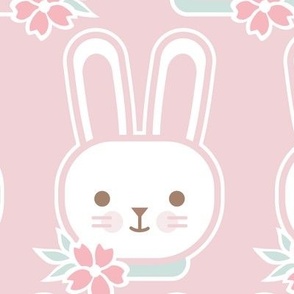 Bunny Faces- Large-  Cotton Candy Background- Easter Bunnies- Pastel Colors- Pink- Rose- Kawaii- Petal Solids Coordinates- Spring