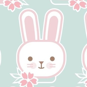 Bunny Faces- Large- Sea Glass Background- Easter Bunnies- Pastel Colors- Acqua- Mint- Pink- Rose- Kawaii- Petal Solids Coordinates- Spring