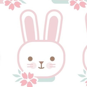 Bunny Faces- Large- White Background- Easter Bunnies- Pastel Colors- Acqua- Mint- Pink- Rose- Kawaii- Petal Solids Coordinates- Spring