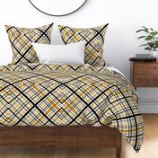 45 Degree Diagonal Striped Tartan Plaid // Bias Fabric // Butterscotch, Battleship Gray, Medium Gray, Black and White // Large Scale - 207 DPI