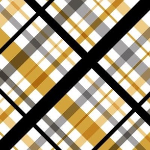 45 Degree Diagonal Striped Tartan Plaid // Bias Fabric // Butterscotch, Battleship Gray, Medium Gray, Black and White // Large Scale - 207 DPI