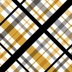 Diagonal Striped Tartan Plaid // Butterscotch, Battleship Gray, Medium Gray, Black and White