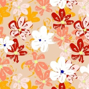 Tropical Flowers Stamped in Peach Rust and Gold