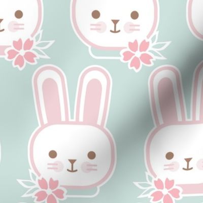 Bunny Faces- Medium- Sea Glass Background- Easter Bunnies- Pastel Colors- Acqua- Mint- Pink- Rose- Kawaii- Petal Solids Coordinates- Spring