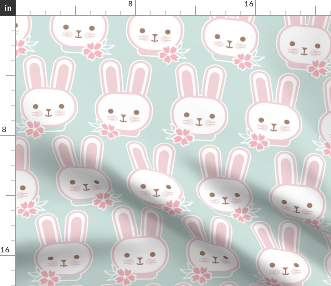 Bunny Faces- Medium- Sea Glass Background- Easter Bunnies- Pastel Colors- Acqua- Mint- Pink- Rose- Kawaii- Petal Solids Coordinates- Spring