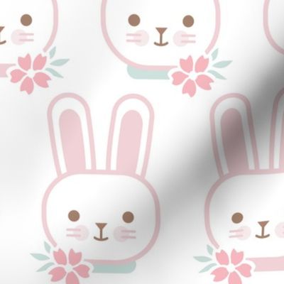 Bunny Faces- Medium- White Background- Easter Bunnies- Pastel Colors- Acqua- Mint- Pink- Rose- Kawaii- Petal Solids Coordinates- Spring
