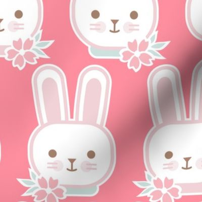 Bunny Faces- Medium-  Coral Background- Easter Bunnies- Pastel Colors- Flamingo- Pink- Rose- Kawaii- Petal Solids Coordinates- Spring