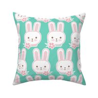 Bunny Faces- Medium- Mint Background- Easter Bunnies- Pastel Colors- Acqua- Mint- Pink- Rose- Kawaii- Petal Solids Coordinates- Spring