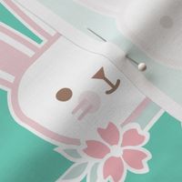 Bunny Faces- Medium- Mint Background- Easter Bunnies- Pastel Colors- Acqua- Mint- Pink- Rose- Kawaii- Petal Solids Coordinates- Spring