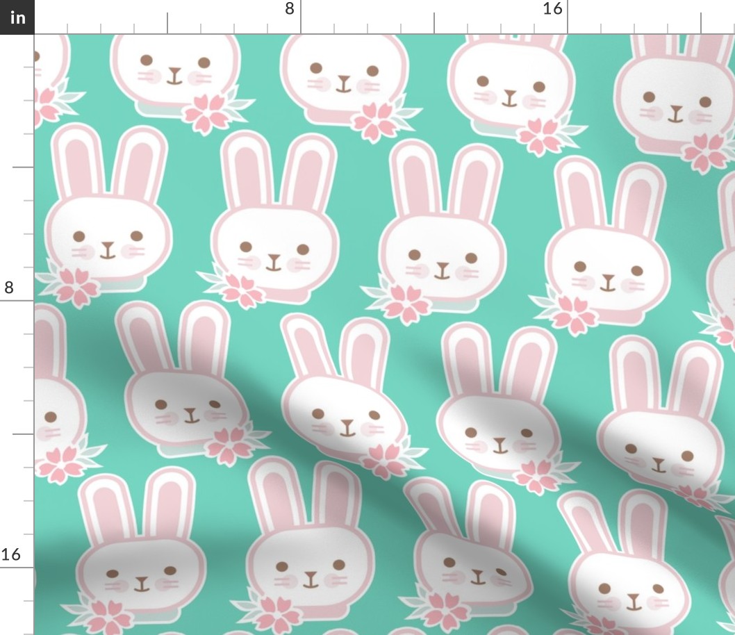 Bunny Faces- Medium- Mint Background- Easter Bunnies- Pastel Colors- Acqua- Mint- Pink- Rose- Kawaii- Petal Solids Coordinates- Spring