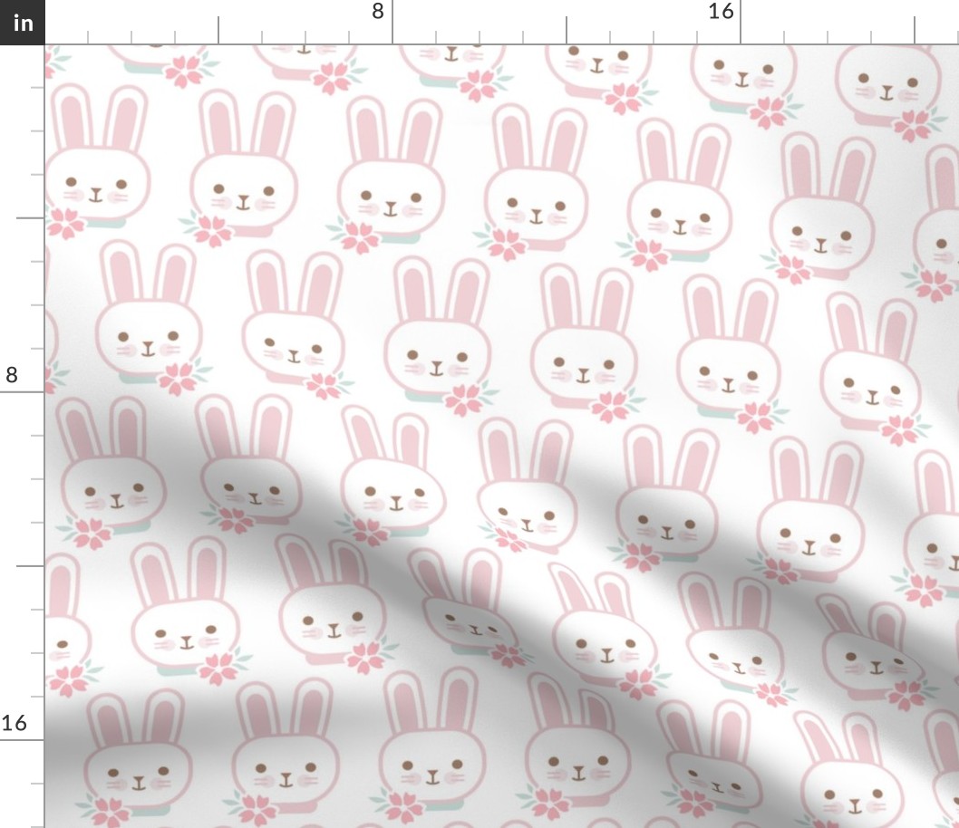 Bunny Faces- Small- White Background- Easter Bunnies- Pastel Colors- Acqua- Mint- Pink- Rose- Kawaii- Petal Solids Coordinates- Spring