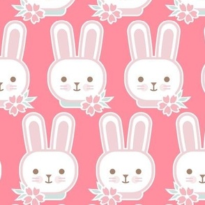 Bunny Faces- Small-  Coral Background- Easter Bunnies- Pastel Colors- Flamingo- Pink- Rose- Kawaii- Petal Solids Coordinates- Spring