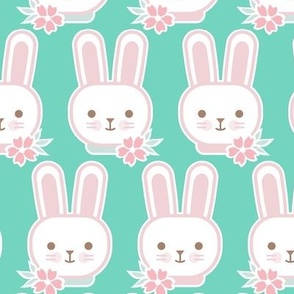 Bunny Faces- Small- Mint Background- Easter Bunnies- Pastel Colors- Acqua- Mint- Pink- Rose- Kawaii- Petal Solids Coordinates- Spring