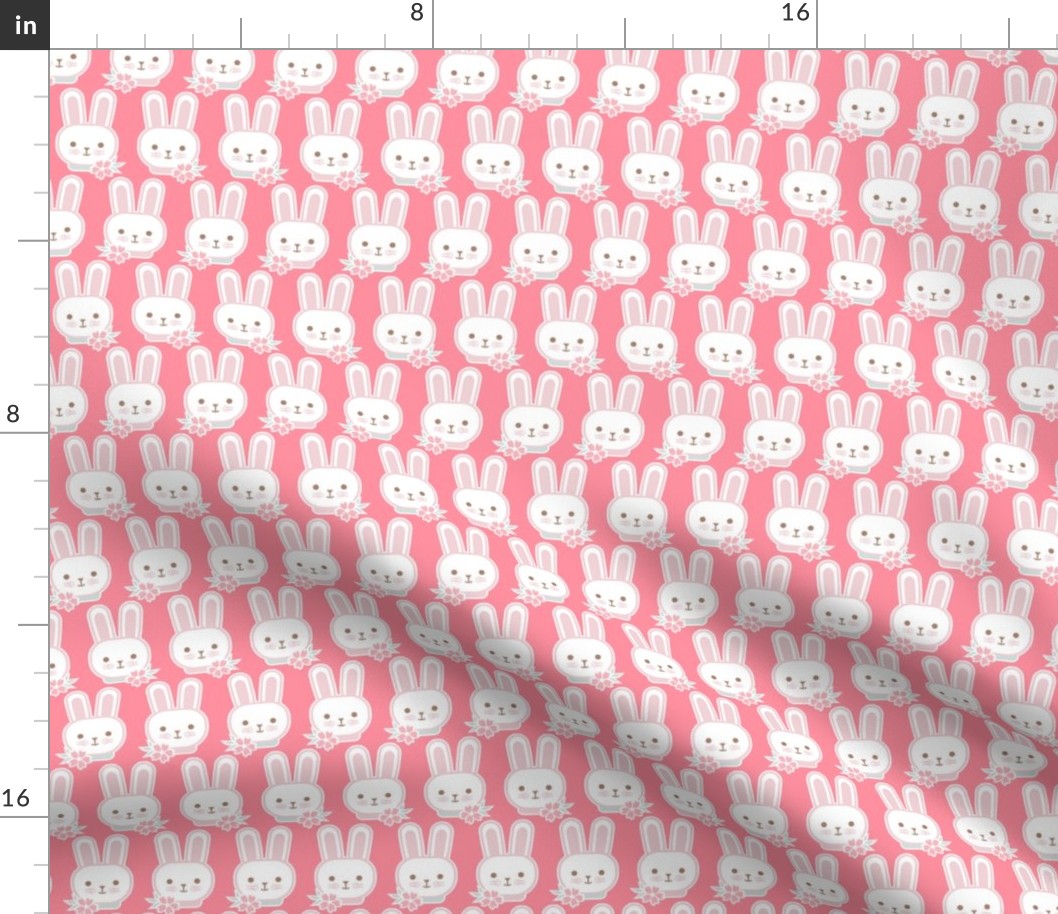 Bunny Faces- Mini-  Coral Background- Easter Bunnies- Pastel Colors- Flamingo- Pink- Rose- Kawaii- Petal Solids Coordinates- Spring