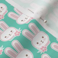 Bunny Faces- Mini- Mint Background- Easter Bunnies- Pastel Colors- Acqua- Mint- Pink- Rose- Kawaii- Petal Solids Coordinates- Spring