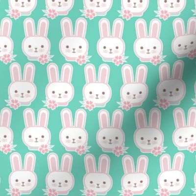 Bunny Faces- Mini- Mint Background- Easter Bunnies- Pastel Colors- Acqua- Mint- Pink- Rose- Kawaii- Petal Solids Coordinates- Spring