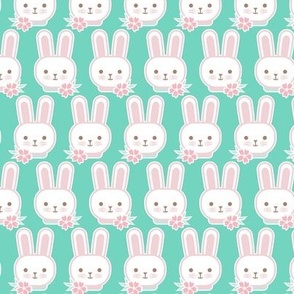 Bunny Faces- Mini- Mint Background- Easter Bunnies- Pastel Colors- Acqua- Mint- Pink- Rose- Kawaii- Petal Solids Coordinates- Spring