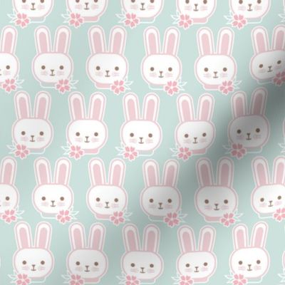 Bunny Faces- Mini- Sea Glass Background- Easter Bunnies- Pastel Colors- Acqua- Mint- Pink- Rose- Kawaii- Petal Solids Coordinates- Spring