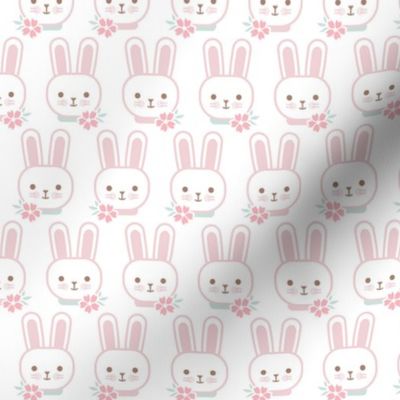 Bunny Faces- Mini- White Background- Easter Bunnies- Pastel Colors- Acqua- Mint- Pink- Rose- Kawaii- Petal Solids Coordinates- Spring