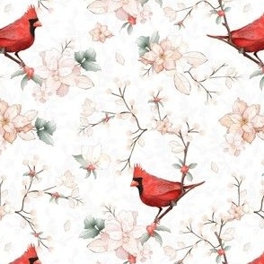 Red cardinal Birds with Dusty Pink Poinsettias Christmas Design