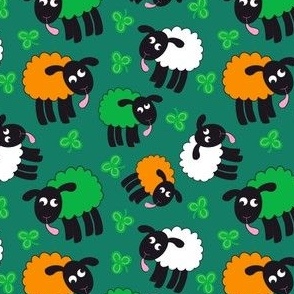 Wonky Irish sheep and shamrocks on emerald green