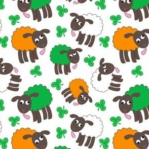 Wonky Irish sheep and shamrocks on white 