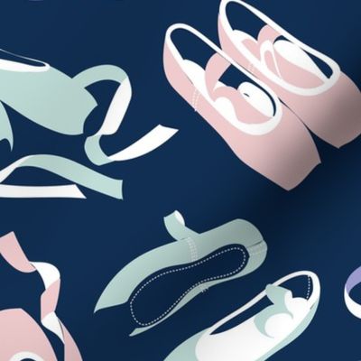 Normal scale // Pretty ballerinas //  midnight blue background lilac seaglass green and cotton candy pink and white ballet pointe flat shoes