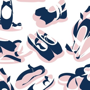 Large scale // Pretty ballerinas // white background midnight blue and white ballet pointe flat shoes cotton candy pink shadows