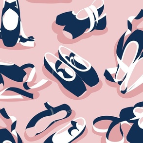 Large scale // Pretty ballerinas //  cotton candy pink background midnight blue and white ballet pointe flat shoes