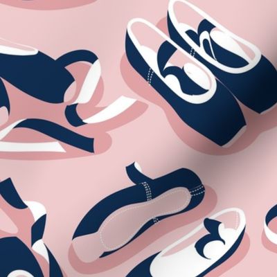 Normal scale // Pretty ballerinas //  cotton candy pink background midnight blue and white ballet pointe flat shoes