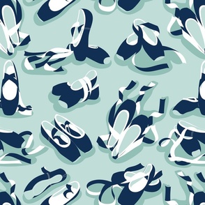 Normal scale // Pretty ballerinas // seaglass green background midnight blue and white ballet pointe flat shoes