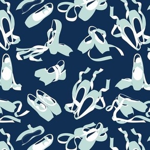 Small scale // Pretty ballerinas //  midnight blue background seaglass green and white ballet pointe flat shoes