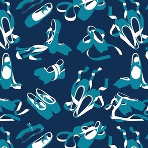 Small scale // Pretty ballerinas //  midnight blue background turquoise and white ballet pointe flat shoes