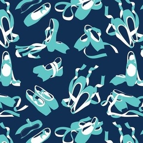 Small scale // Pretty ballerinas //  midnight blue background aqua ocean and white ballet pointe flat shoes