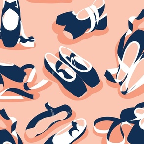 Large scale // Pretty ballerinas // rose pink background midnight blue and white ballet pointe flat shoes