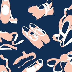 Large scale // Pretty ballerinas //  midnight blue background rose pink and white ballet pointe flat shoes