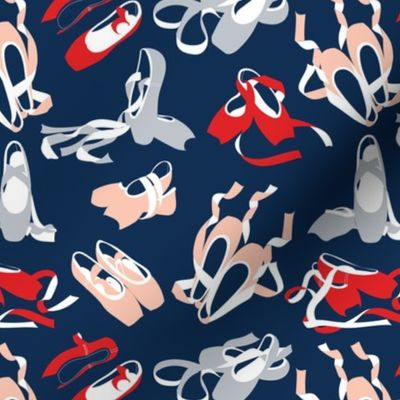 Small scale // Pretty ballerinas //  midnight blue background vivid red rose pink and light grey ballet pointe flat shoes