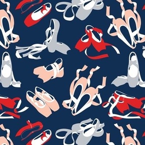 Small scale // Pretty ballerinas //  midnight blue background vivid red rose pink and light grey ballet pointe flat shoes
