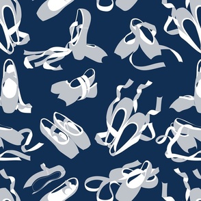 Normal scale // Pretty ballerinas // midnight blue background light grey and white ballet pointe flat shoes