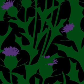 Thistle in dark green and purple on black ground 24w