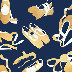 Large jumbo scale // Pretty ballerinas // midnight blue background gold textured and white ballet pointe flat shoes