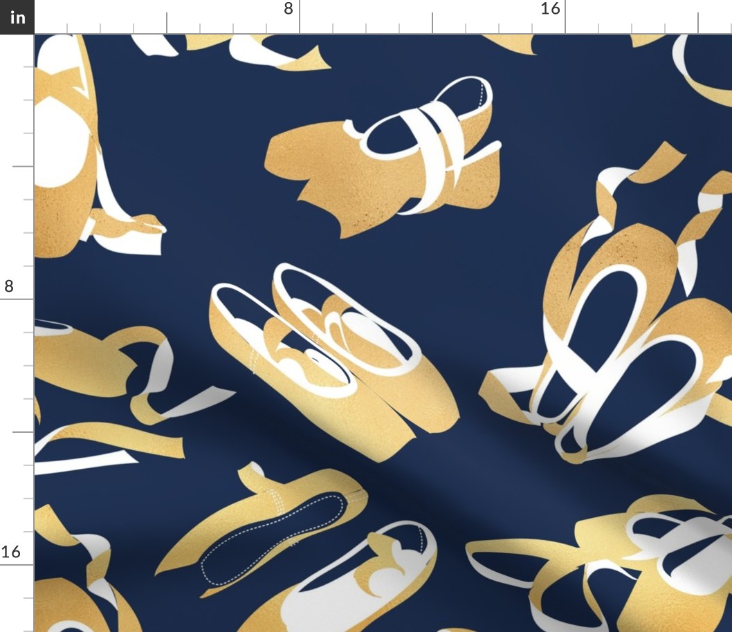 Large jumbo scale // Pretty ballerinas // midnight blue background gold textured and white ballet pointe flat shoes